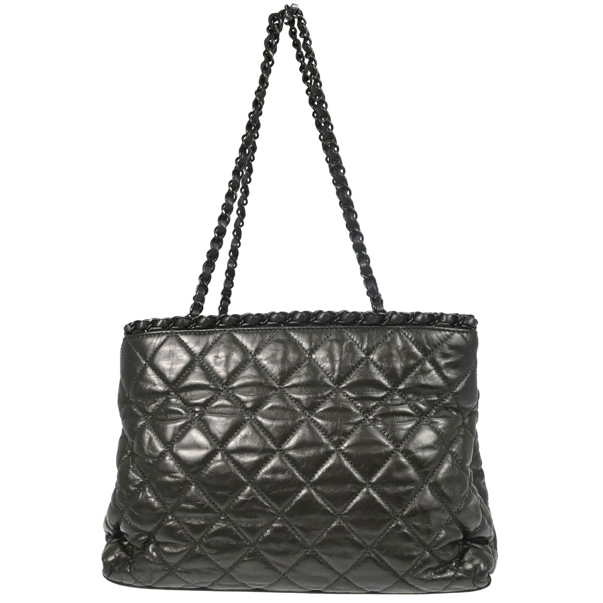 Chanel 2012 Metallic Gray Calfskin Chain Me Tote Handbag