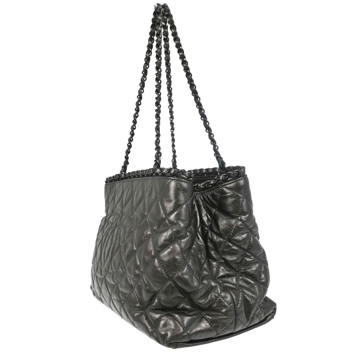 Chanel 2012 Metallic Gray Calfskin Chain Me Tote Handbag