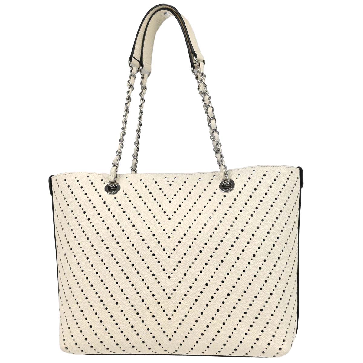 Chanel White Perforated Caviar Skin Chevron Shopping Tote Bag Handbag