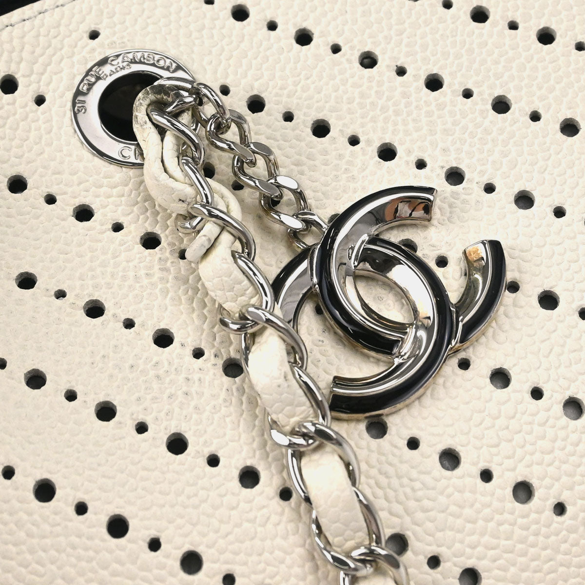 Chanel White Perforated Caviar Skin Chevron Shopping Tote Bag Handbag