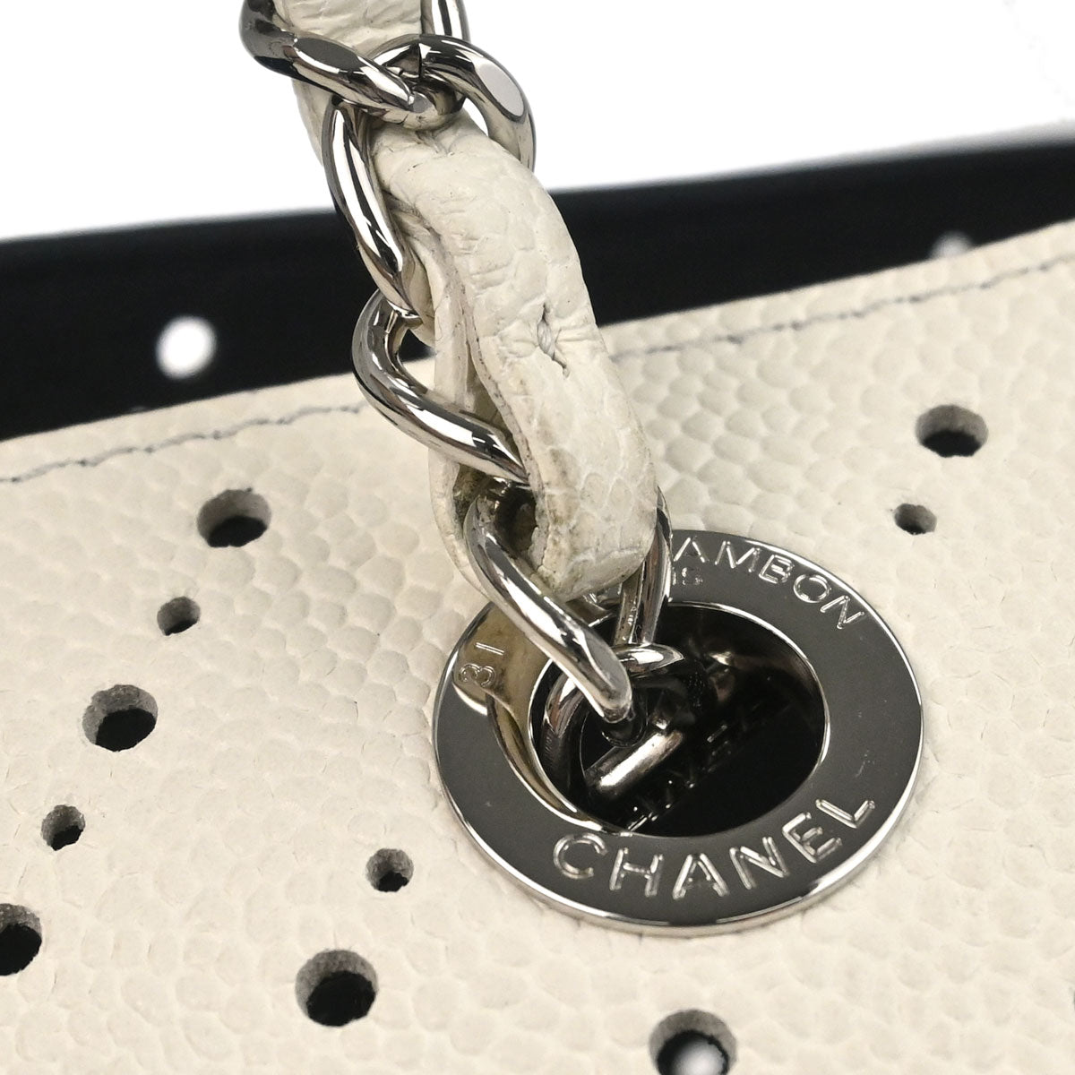 Chanel White Perforated Caviar Skin Chevron Shopping Tote Bag Handbag