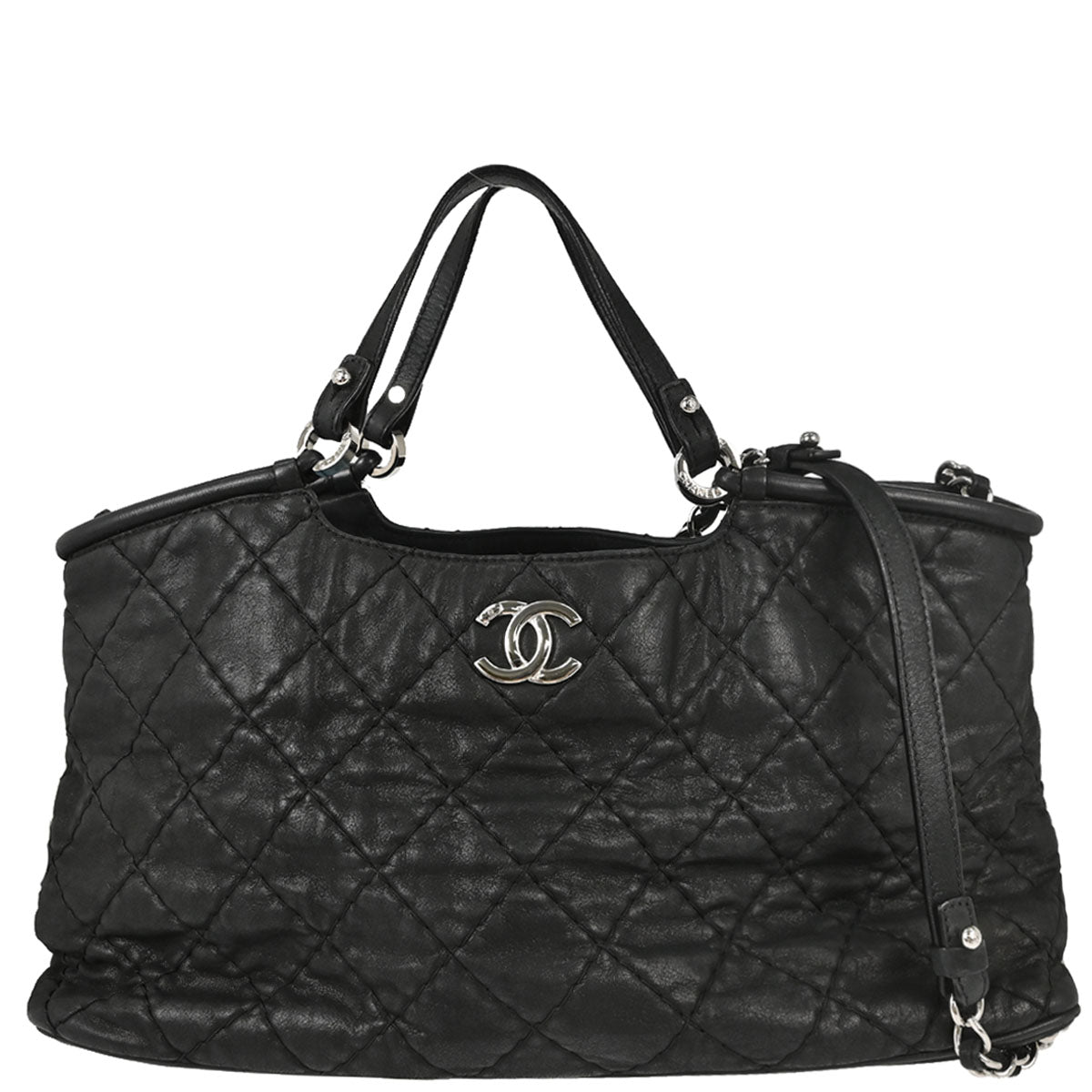Chanel Black Calfskin Wild Stitch Tote 2way Shoulder Handbag