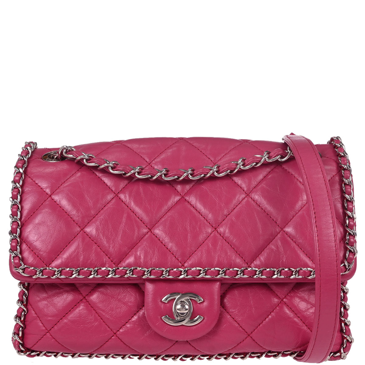 Chanel Pink Calfskin Chain Around Single Flap Shoulder Bag