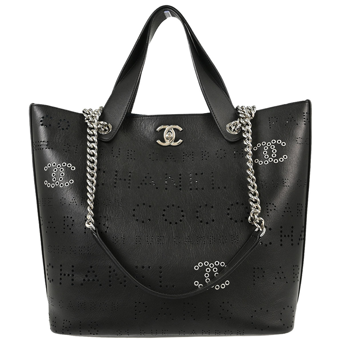 Chanel 2019 Black Perforated Calfskin Logo Eyelets Tote 2way Shoulder Handbag