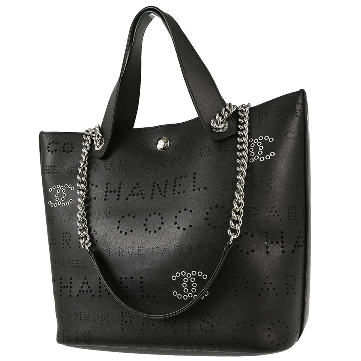 Chanel 2019 Black Perforated Calfskin Logo Eyelets Tote 2way Shoulder Handbag