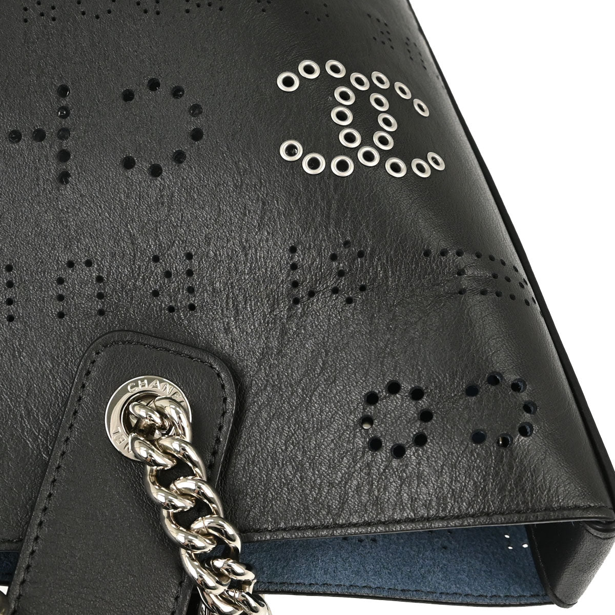 Chanel 2019 Black Perforated Calfskin Logo Eyelets Tote 2way Shoulder Handbag
