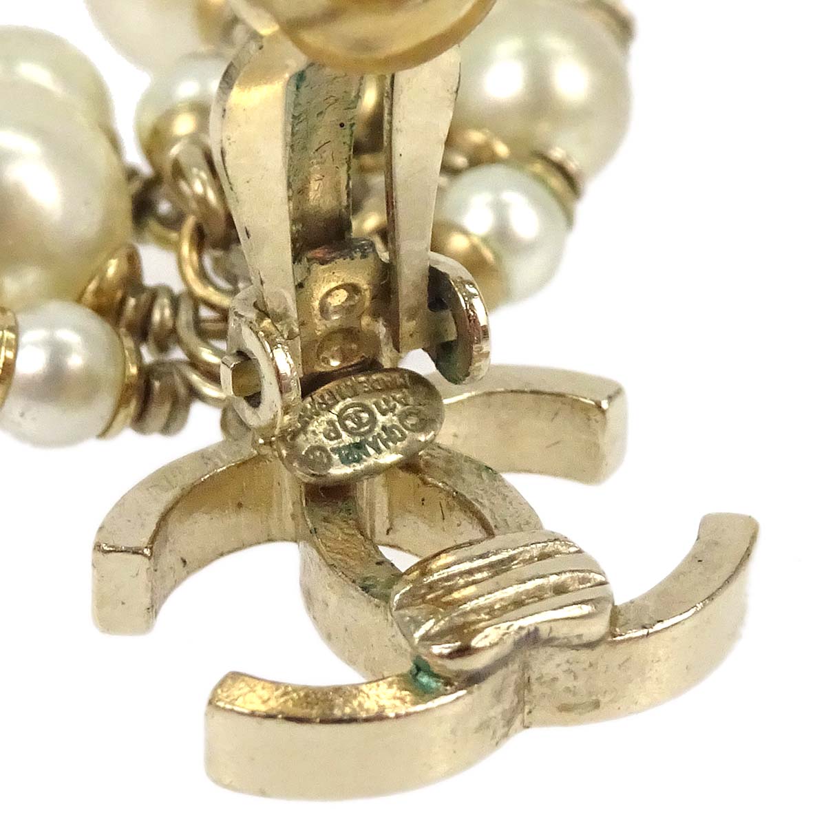Chanel CC Costume Pearl Dangle Clip-On Earrings Gold A11P
