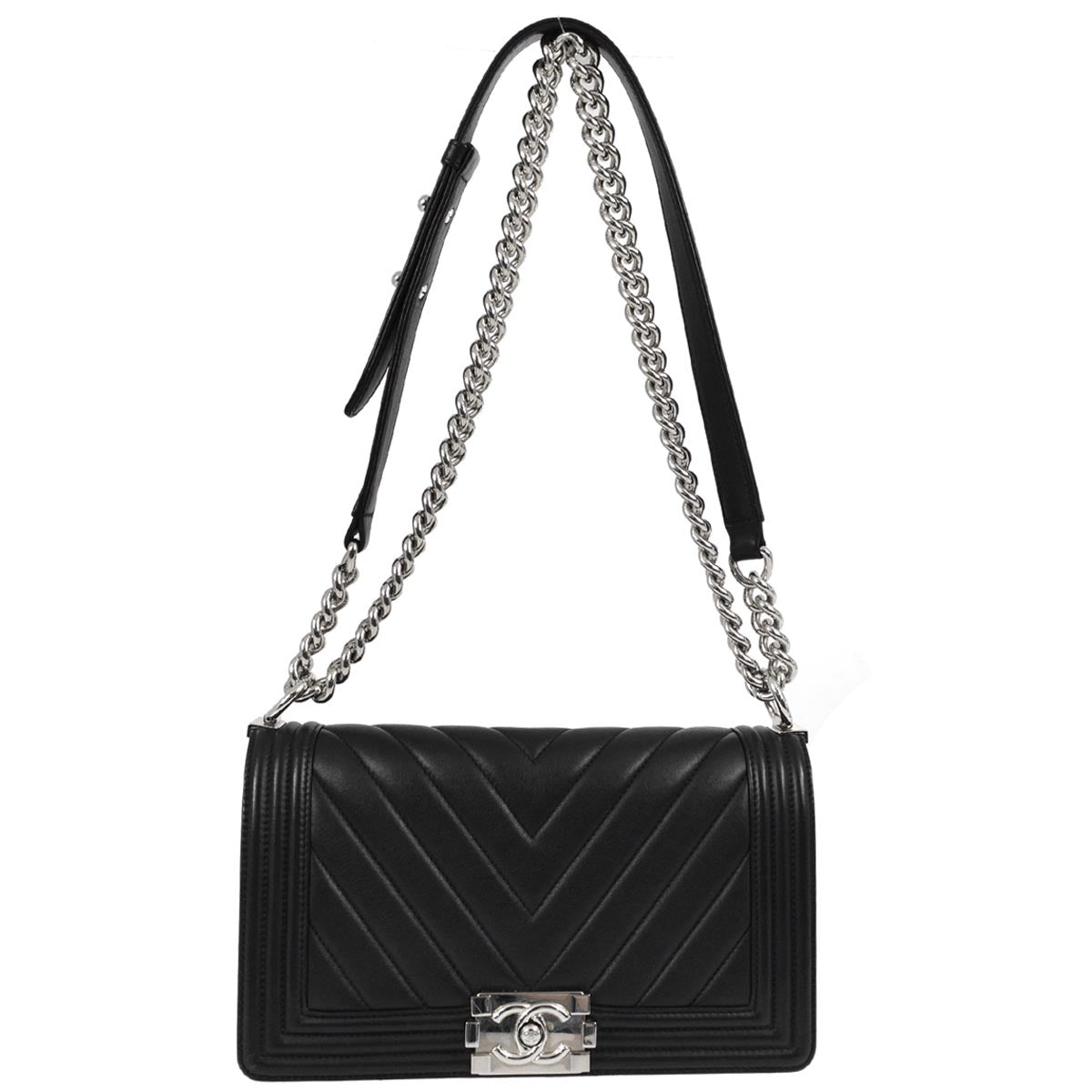 Medium Boy Chanel 2016-2017 Black Lambskin Chevron Double Chain Shoulder Bag