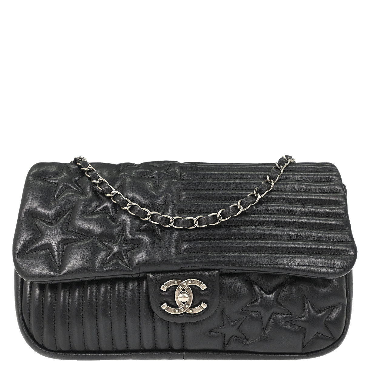 Chanel 2014 Black Lambskin Paris Dallas Stars and Stripes Flap Shoulder Bag