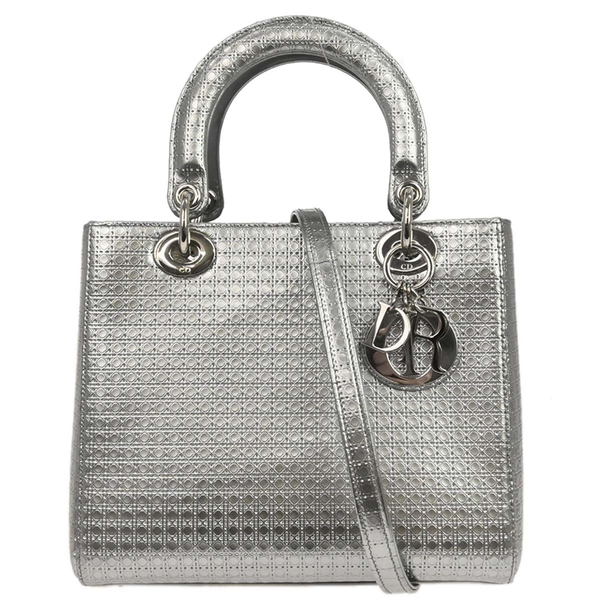Christian Dior Silver Leather Medium Lady Dior Cannage 2way Shoulder Handbag