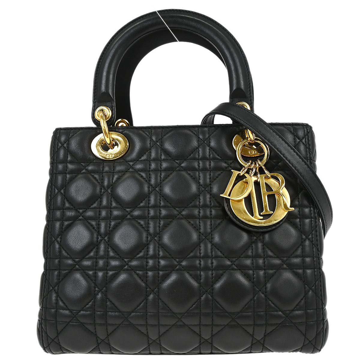 Christian Dior Black Lambskin Medium Lady Dior Cannage 2way Shoulder Handbag