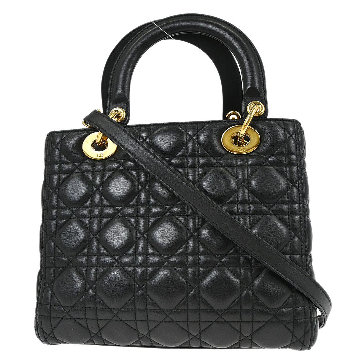 Christian Dior Black Lambskin Medium Lady Dior Cannage 2way Shoulder Handbag