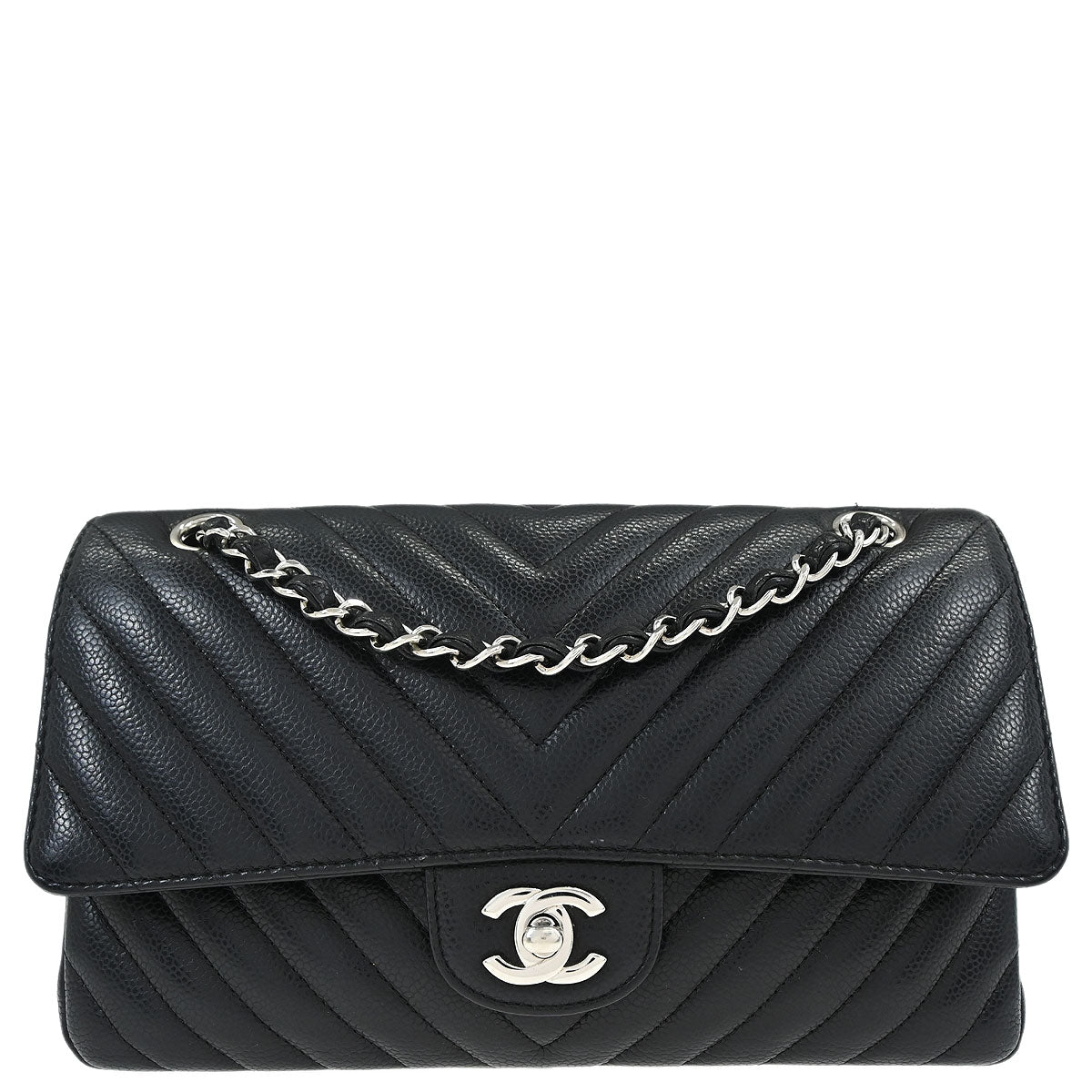 Chanel Black Caviar Skin Chevron Medium Classic Double Flap Shoulder Bag