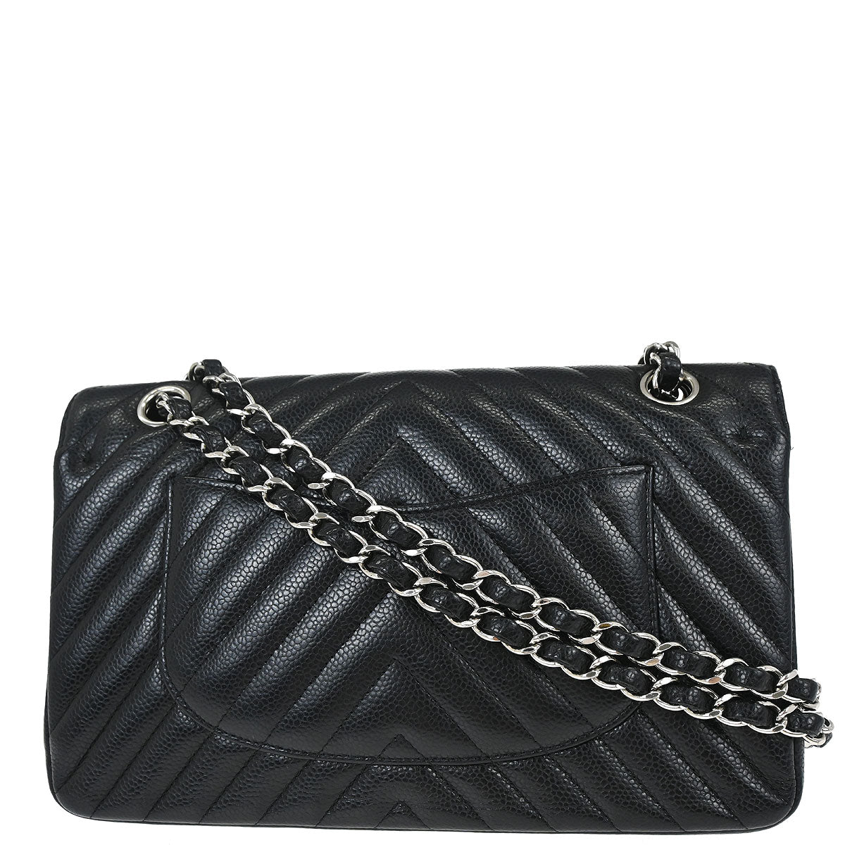 Chanel Black Caviar Skin Chevron Medium Classic Double Flap Shoulder Bag