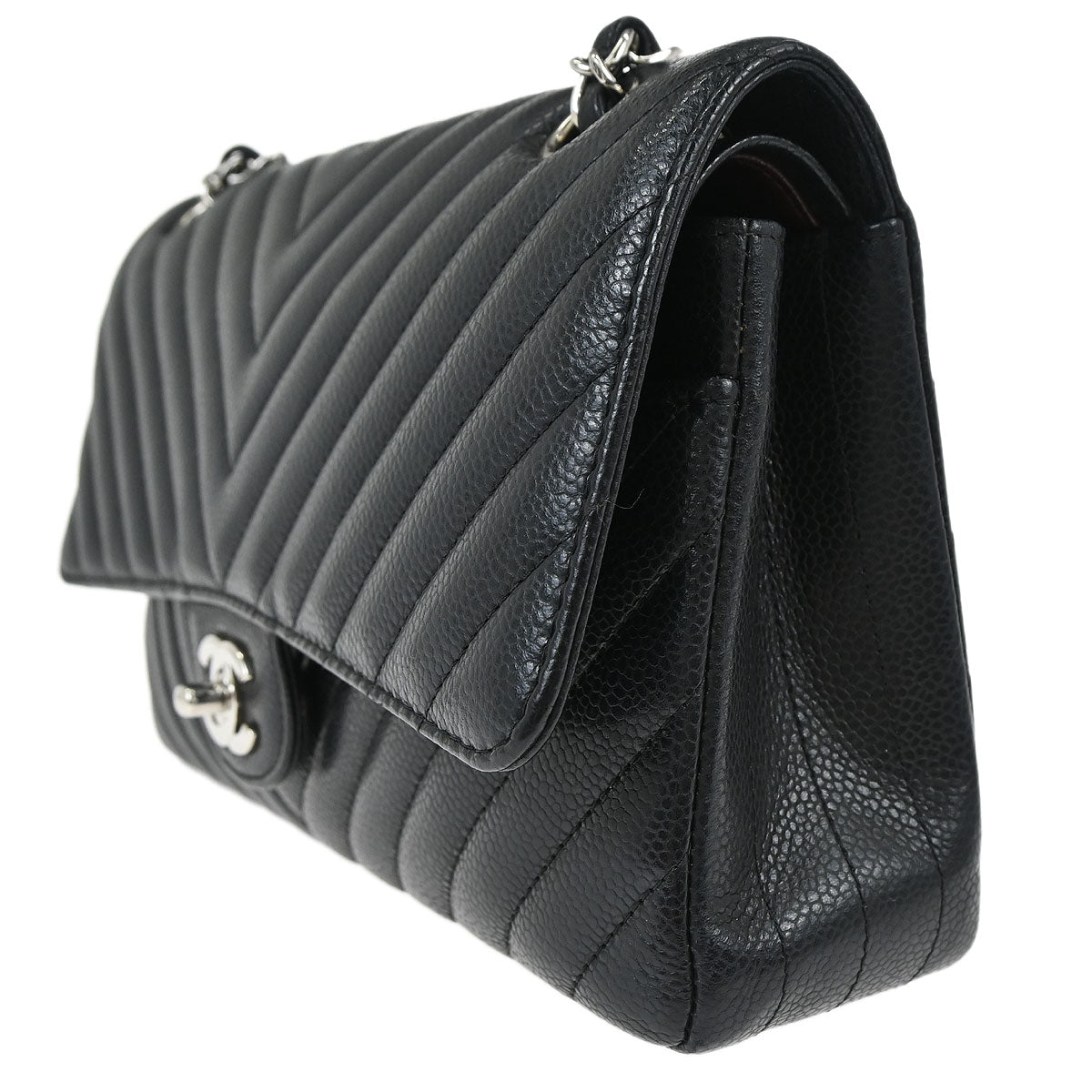Chanel Black Caviar Skin Chevron Medium Classic Double Flap Shoulder Bag