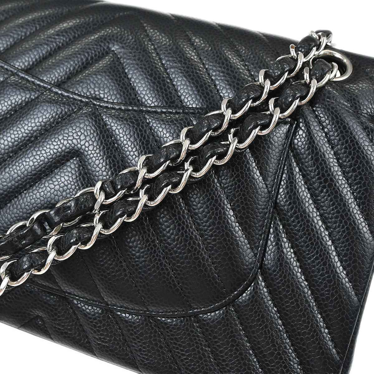 Chanel Black Caviar Skin Chevron Medium Classic Double Flap Shoulder Bag