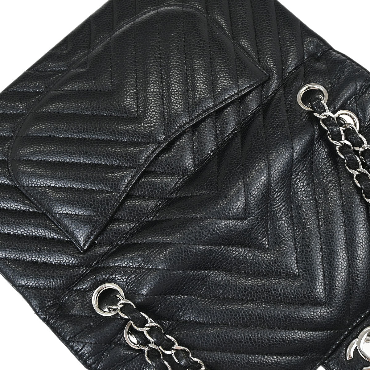 Chanel Black Caviar Skin Chevron Medium Classic Double Flap Shoulder Bag