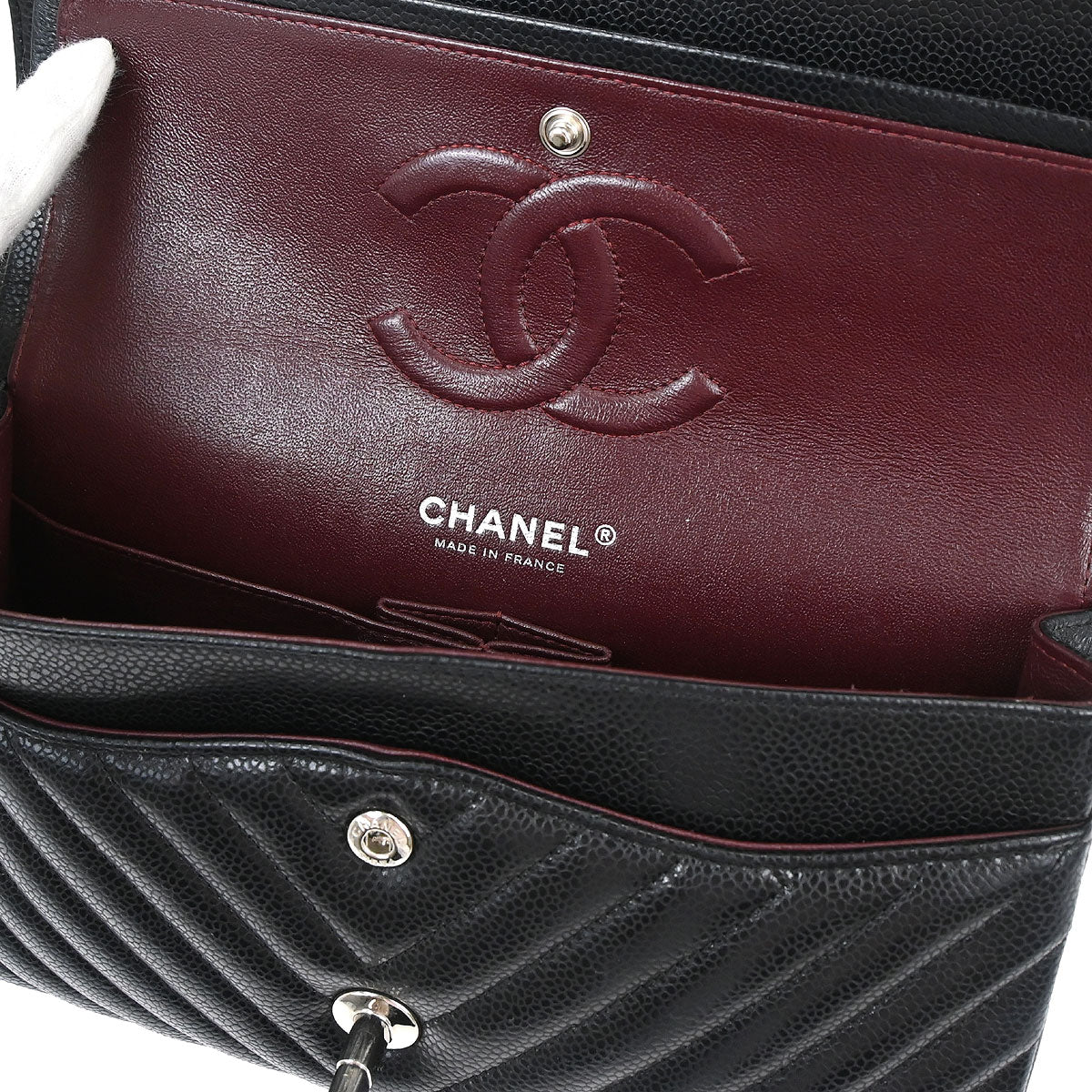 Chanel Black Caviar Skin Chevron Medium Classic Double Flap Shoulder Bag