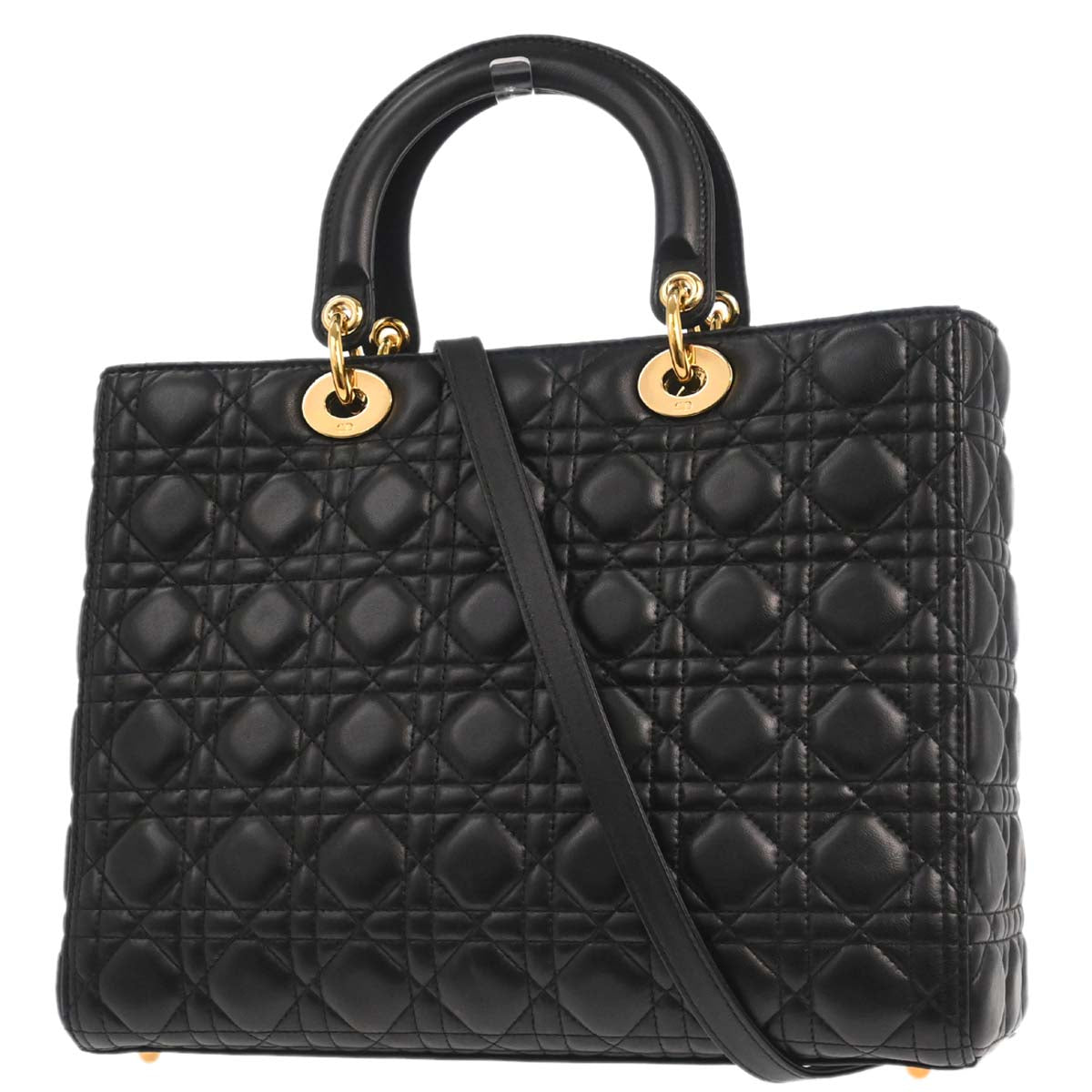 Christian Dior Black Lambskin Large Lady Dior Cannage 2way Shoulder Handbag