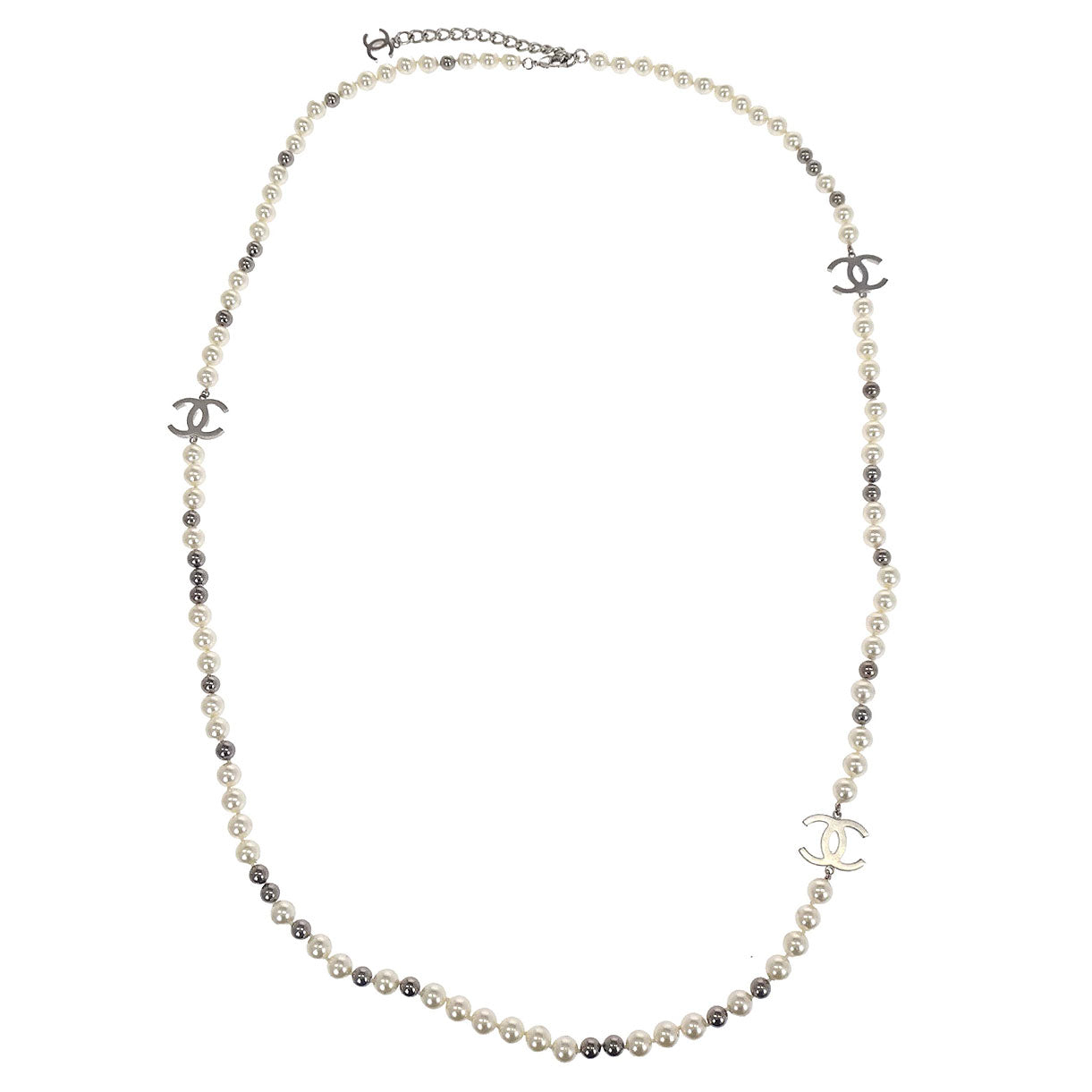 Chanel Chain Necklace Silver Costume Pearl B16S