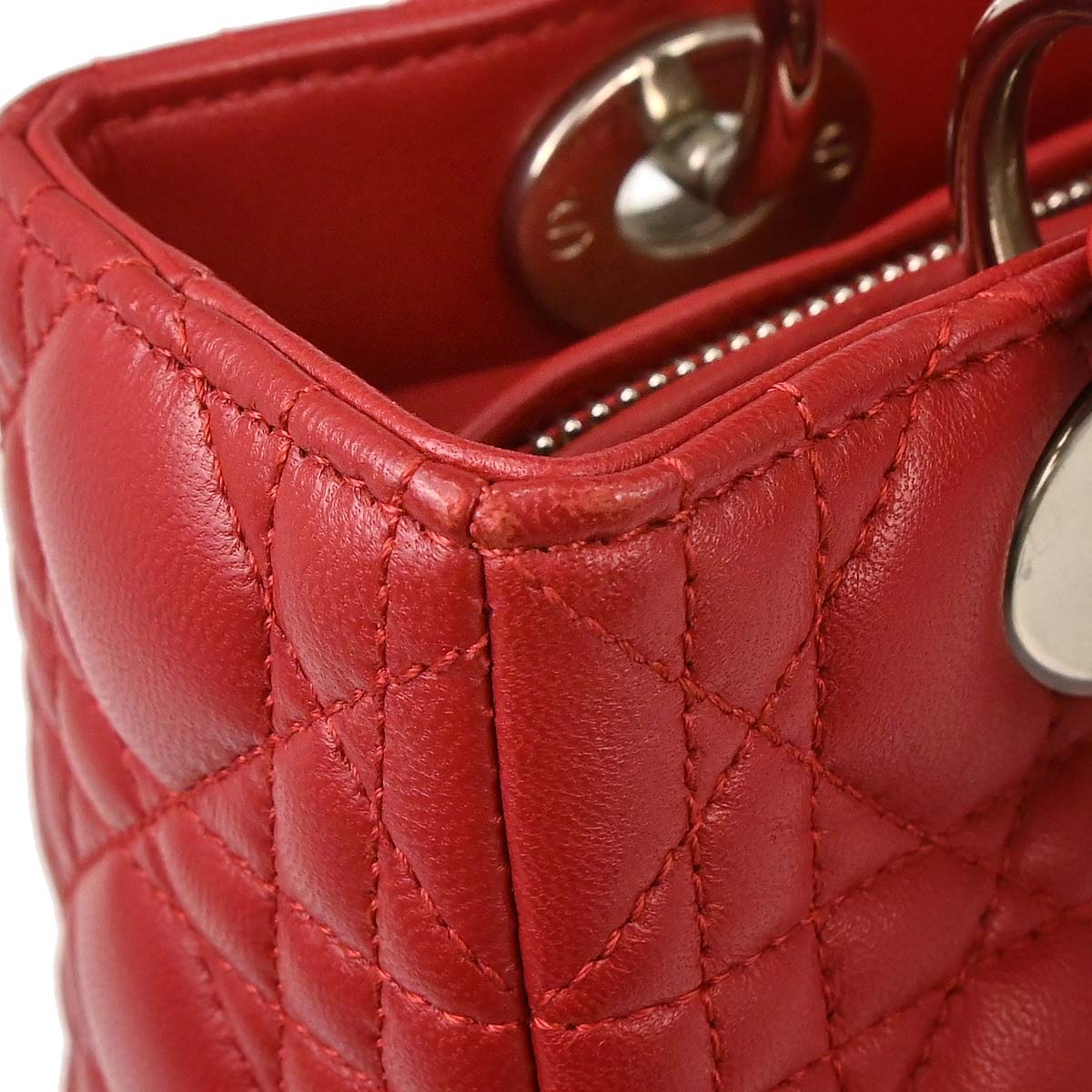 Christian Dior Red Lambskin Medium Lady Dior Cannage 2way Shoulder Handbag