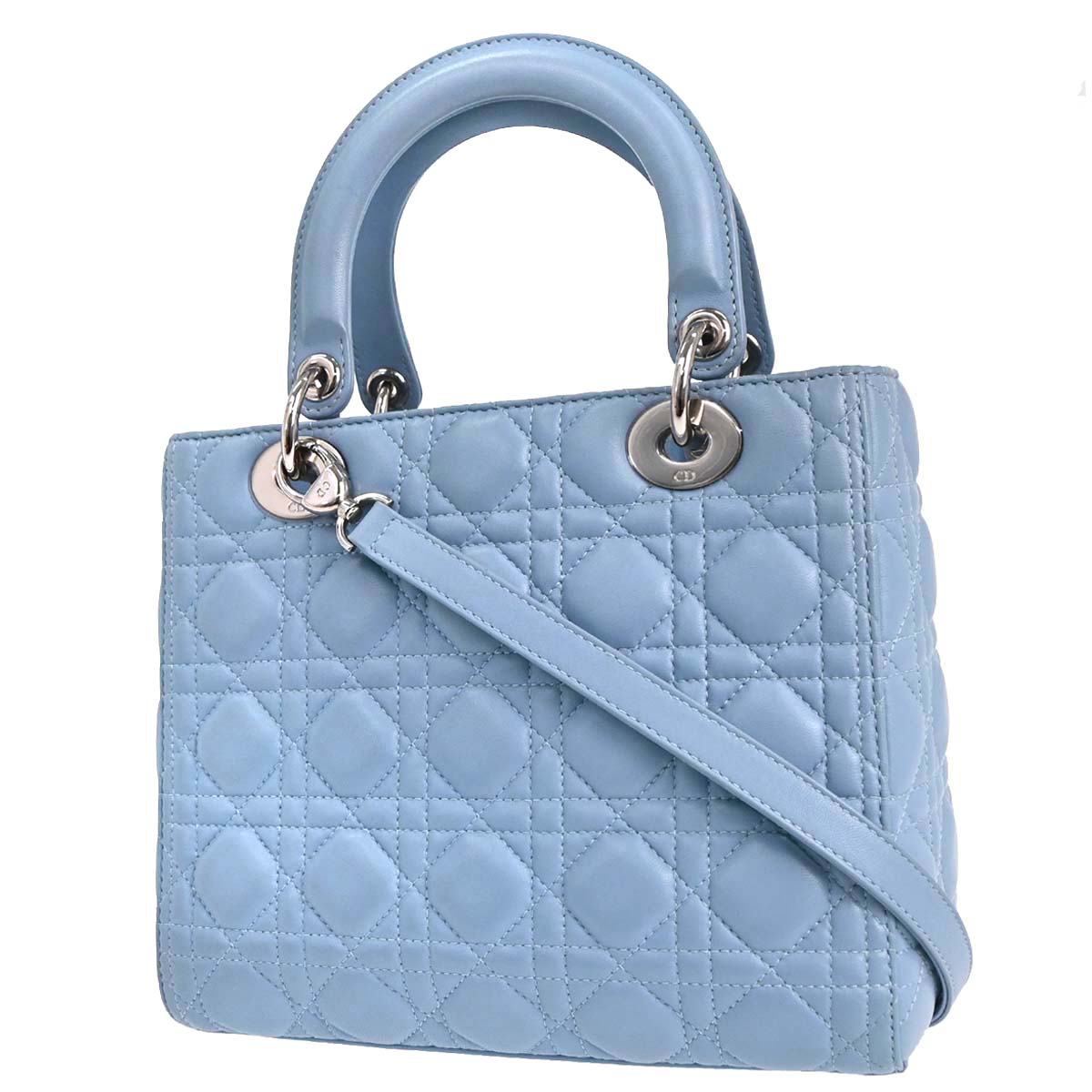 Christian Dior Blue Lambskin Medium Lady Dior Cannage 2way Shoulder Handbag