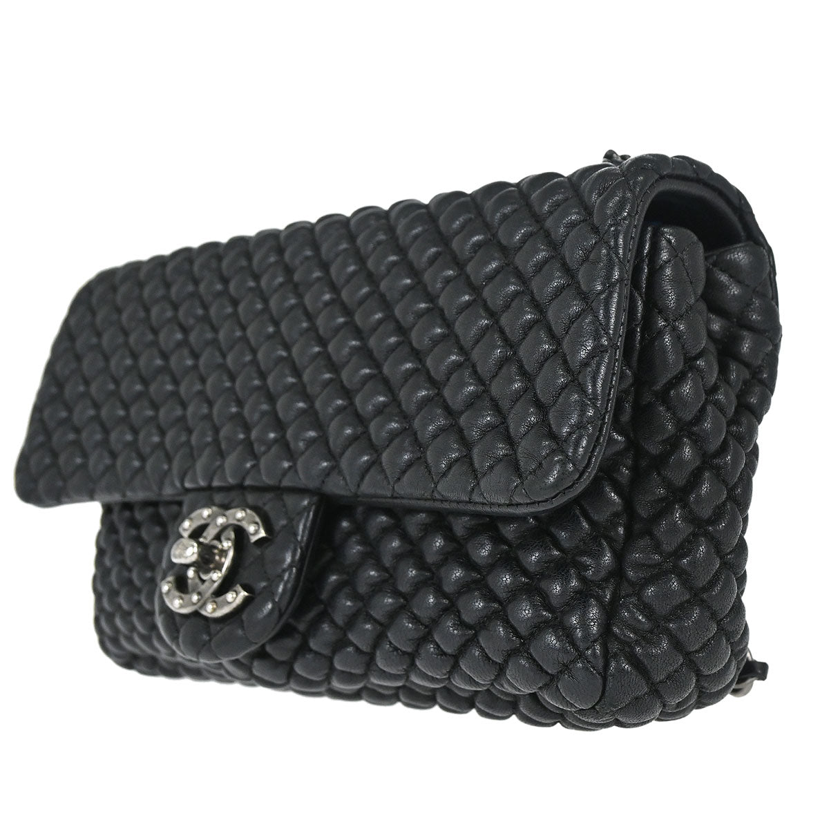 Chanel 2015-2016 Black Lambskin Bubble Quilted Shoulder Bag