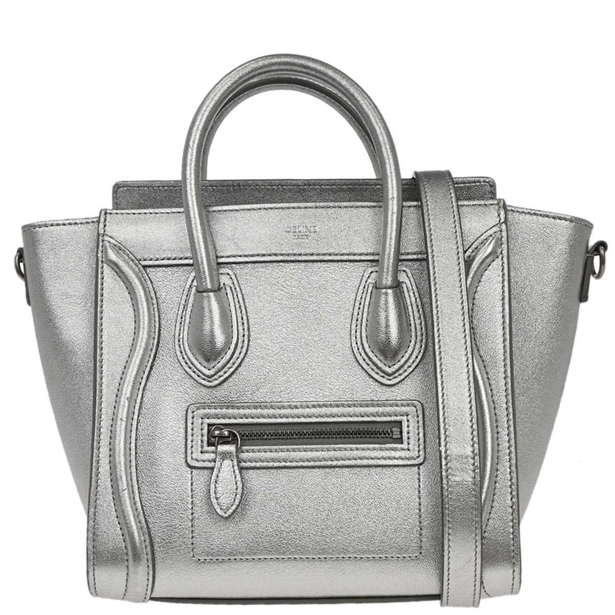 Celine Silver Lambskin Nano Luggage 2way Shoulder Tote Bag