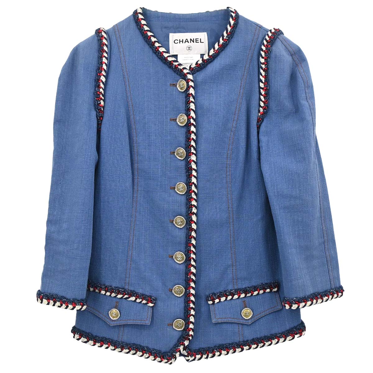 Chanel 2013 Single Breasted Collarless Jacket Blue #34