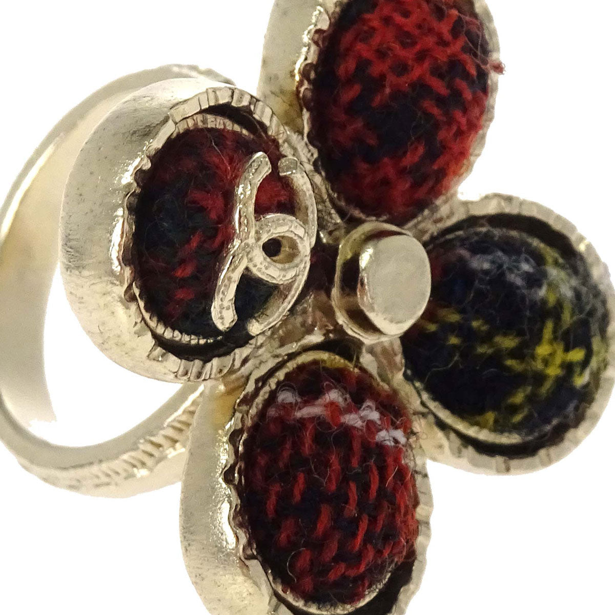 Chanel Ring Tweed Check Clover CC Gold Red #51 A13A