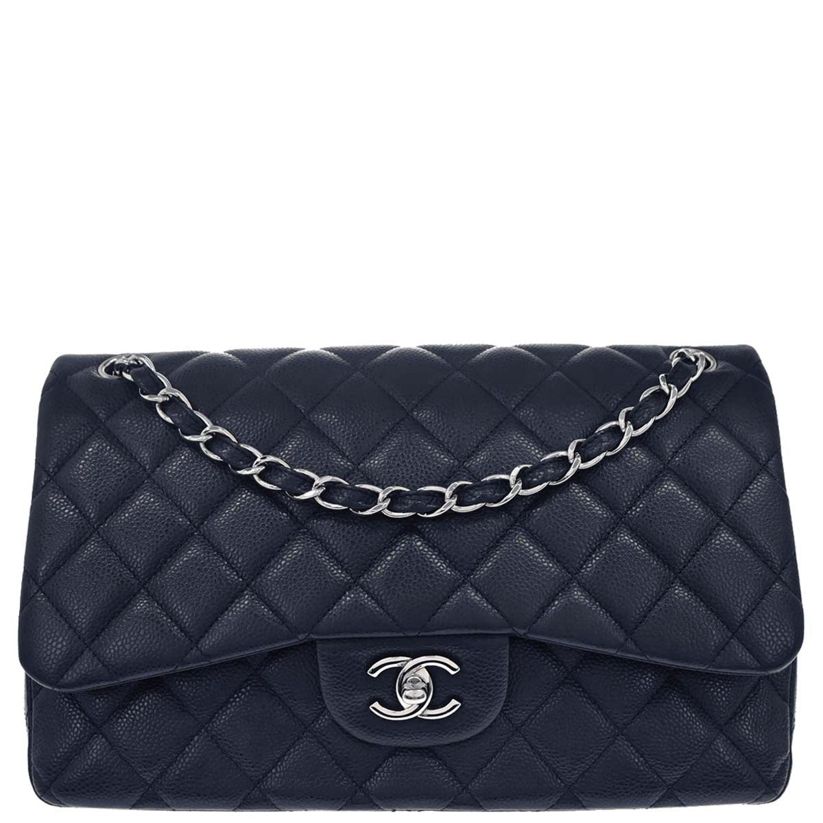 Chanel 2014 Navy Caviar Skin Jumbo Classic Double Flap Shoulder Bag