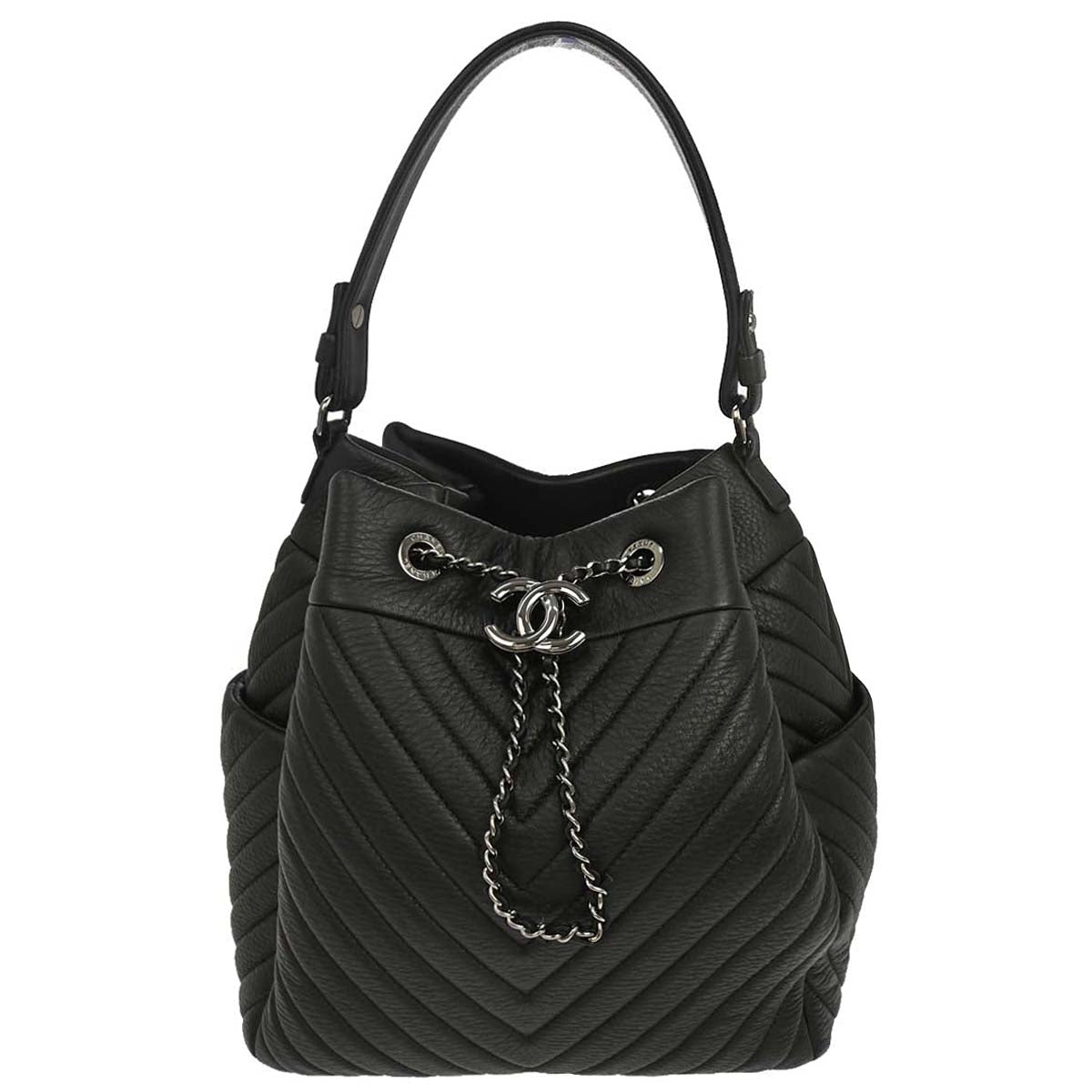 Chanel 2017 Black Deerskin Urban Spirit Chevron Drawstring Bucket Tote Handbag