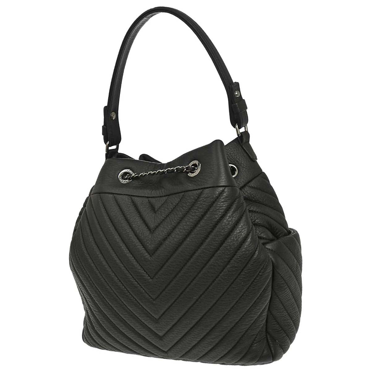 Chanel 2017 Black Deerskin Urban Spirit Chevron Drawstring Bucket Tote Handbag
