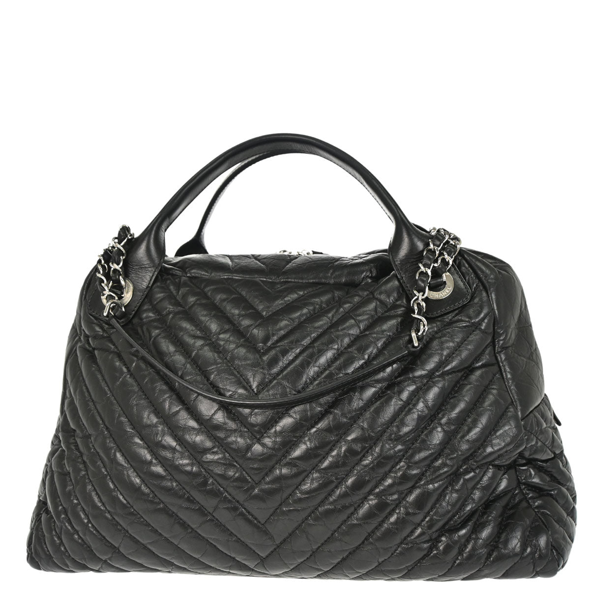 Chanel 2018 Black Calfskin Chevron Soft Bowling Bag Handbag