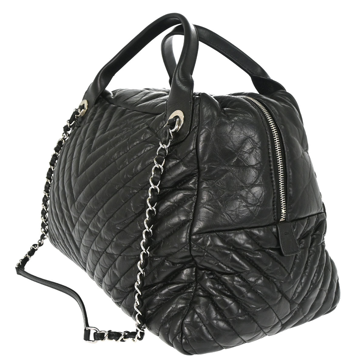Chanel 2018 Black Calfskin Chevron Soft Bowling Bag Handbag