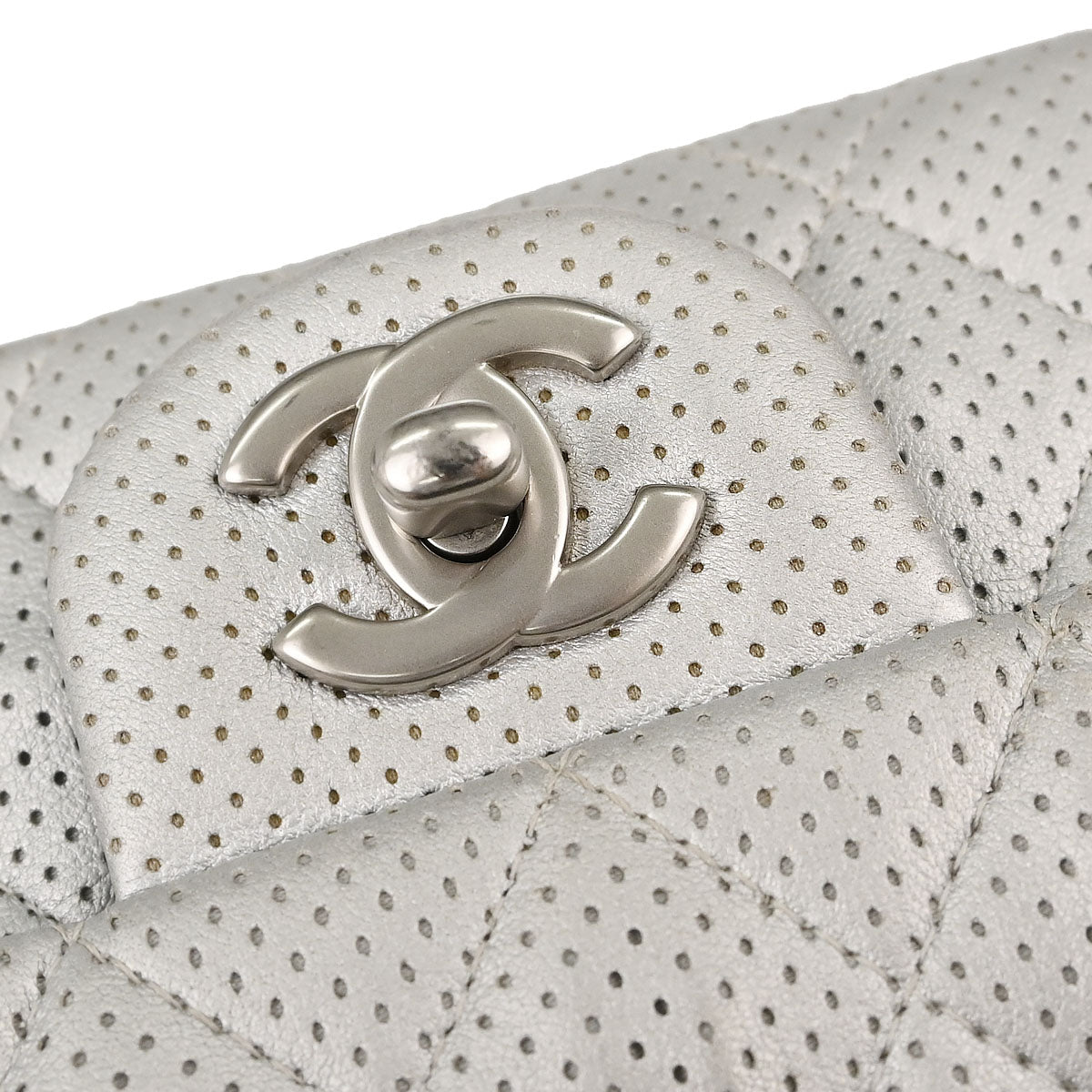 Chanel 2014-2015 Silver Perforated Lambskin Single Flap Shoulder Bag