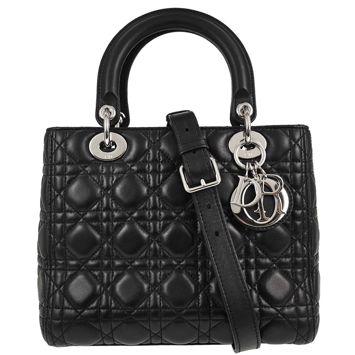 Christian Dior Black Lambskin Lady Dior Cannage 2way Shoulder Handbag