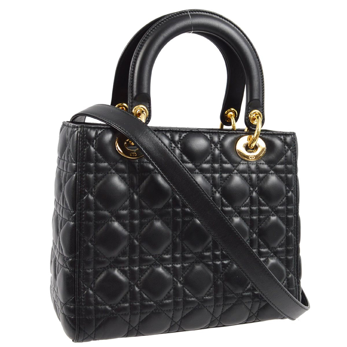 Christian Dior 2019 Black Lambskin Lady Dior Cannage 2way Handbag