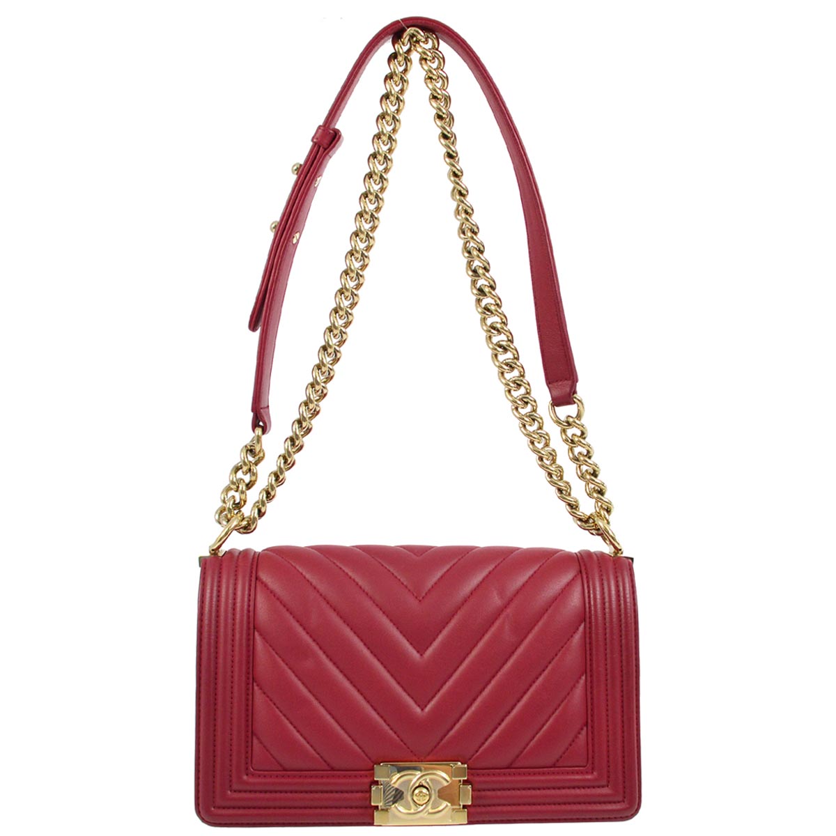 Medium Boy Chanel 2017 Red Lambskin Chevron Double Chain Shoulder Bag