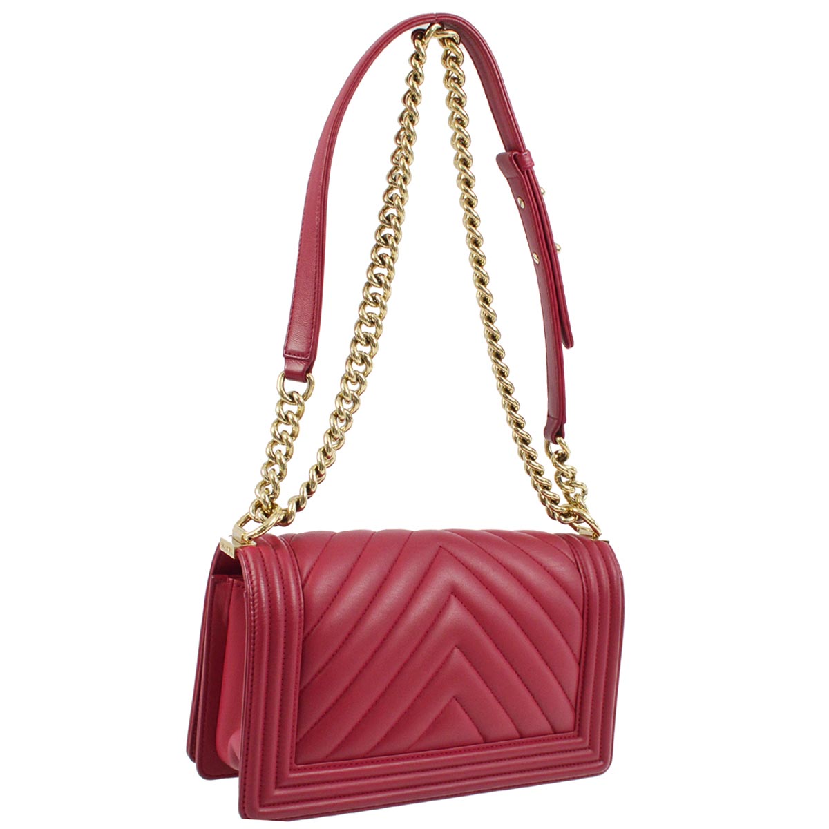 Medium Boy Chanel 2017 Red Lambskin Chevron Double Chain Shoulder Bag