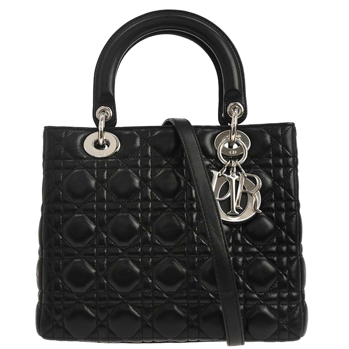 Christian Dior Black Lambskin Lady Dior Cannage 2way Shoulder Handbag