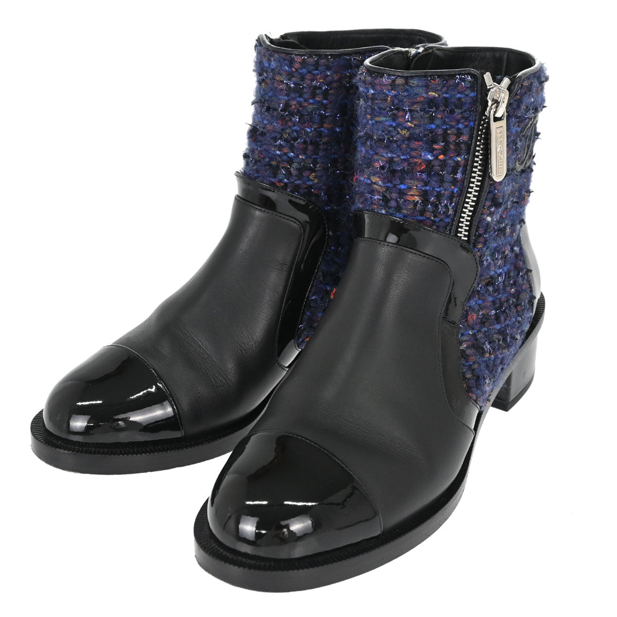 Chanel * Short Boots Navy Black Tweed Shoes #36 1/2C