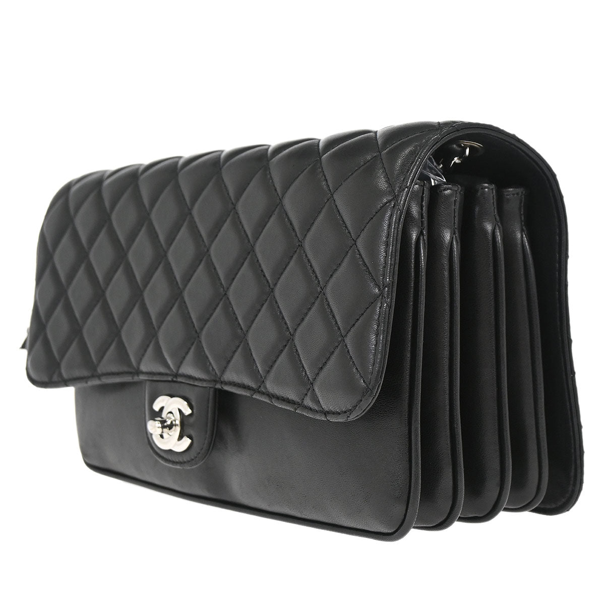 Chanel Black Lambskin Clams Pocket Accordion Flap Shoulder Bag