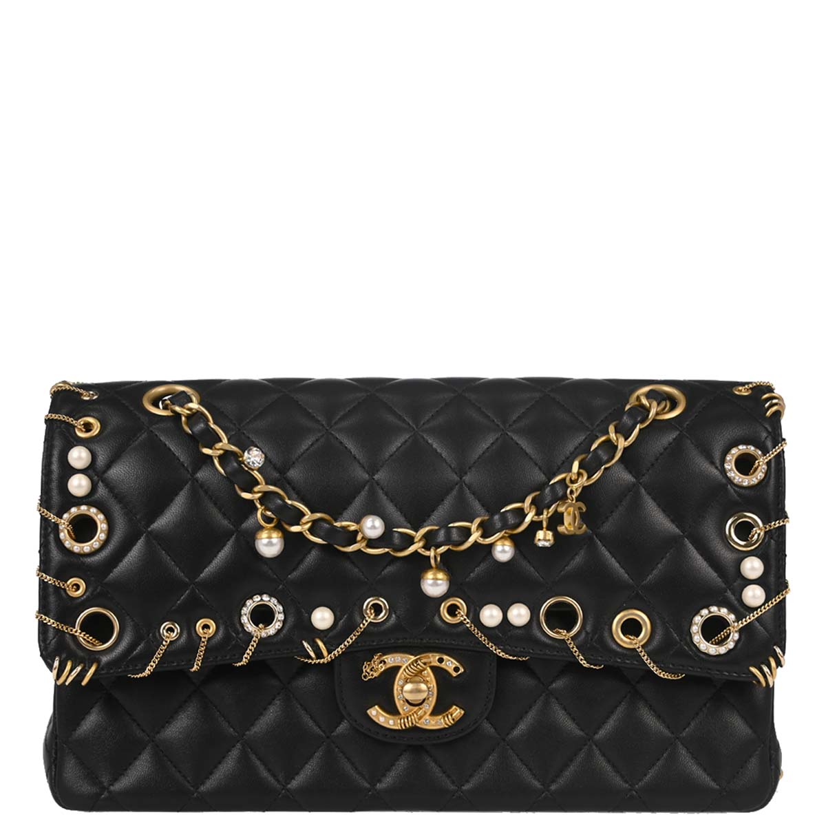 CHANEL フラワー　ブラウン、ブラック Chanel 2019 Black Lambskin Medium Piercing Chic Double Flap Shoulder B