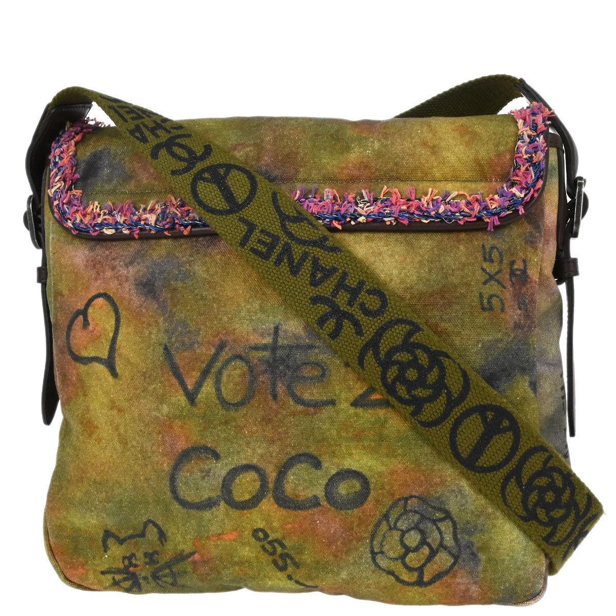 Chanel 2015-2016 Khaki Canvas Graffiti On The Pavements Shoulder Bag