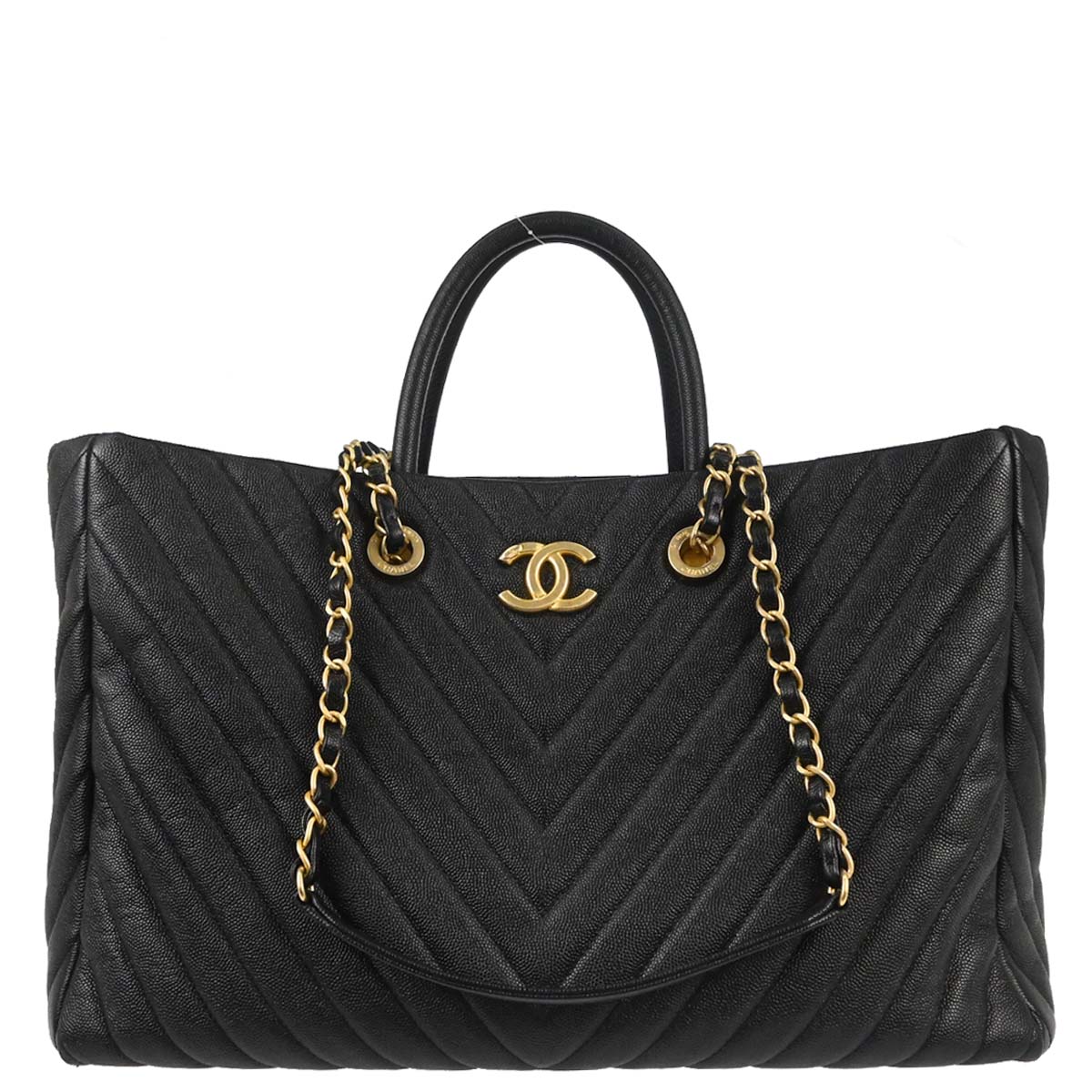 Chanel 2018-2019 Black Caviar Skin Chevron Shopping Tote 2way Shoulder Handbag