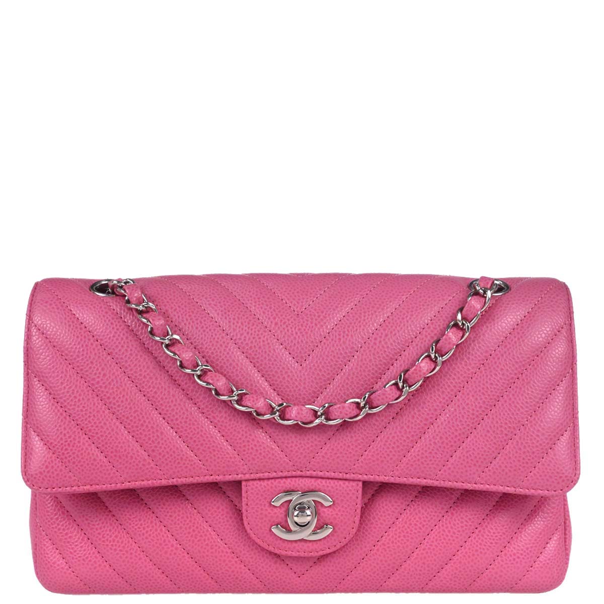 Chanel 2019 Pink Caviar Skin Chevron Medium Double Flap Shoulder Bag