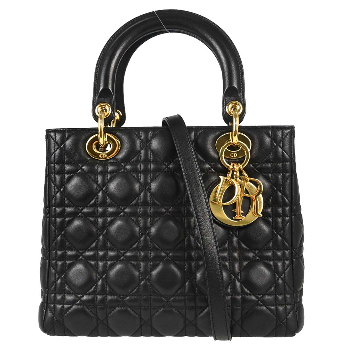 Christian Dior Black Lambskin Lady Dior Cannage 2way Shoulder Handbag