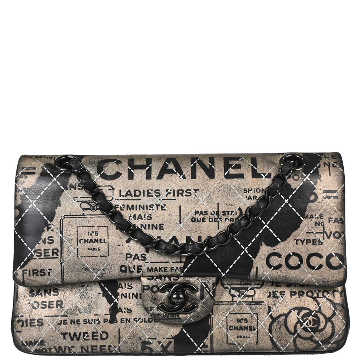 Chanel Beige Lambskin Limited Newspaper Medium Classic Double Flap Bag