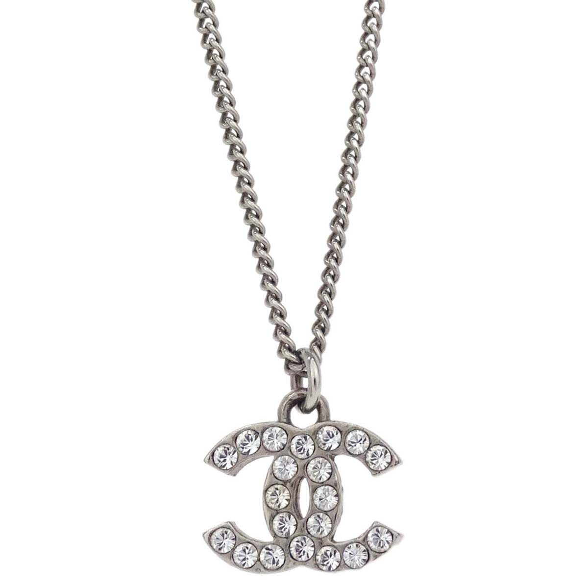 Chanel CC Chain Necklace Pendant Silver Rhinestone F12V
